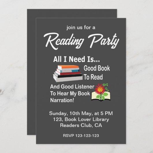 Invitation Tout ce dont j'ai besoin, c'est un bon livre et un (Devant / Derrière)