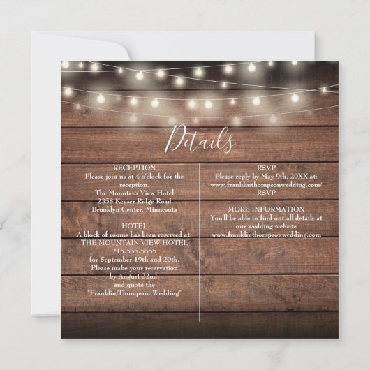 Invitation Tout dans One Rustic Wood String Light Square Wedd (Dos)