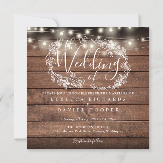 Invitation Tout dans One Rustic Wood String Light Square Wedd (Devant)