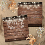 Invitation Tout dans One Rustic Wood String Light Square Wedd<br><div class="desc">Un faire-part de mariage rustique avec de jolies lampes à cordes et une délicate guirlande florale rustique dessinée à la main de feuillage botanique avec typographie stylisée, sur un arrière - plan rustique en bois. Personnalisez avec toutes vos informations spéciales sur le jour de mariage au verso, y compris votre...</div>