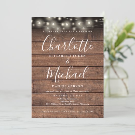 Invitation Tout dans One Rustic Wood String Lights Wedding (Debout devant)