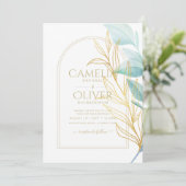 Invitation Tout-en-1 Verre de mer Aqua Green Feuille or Maria (Debout devant)