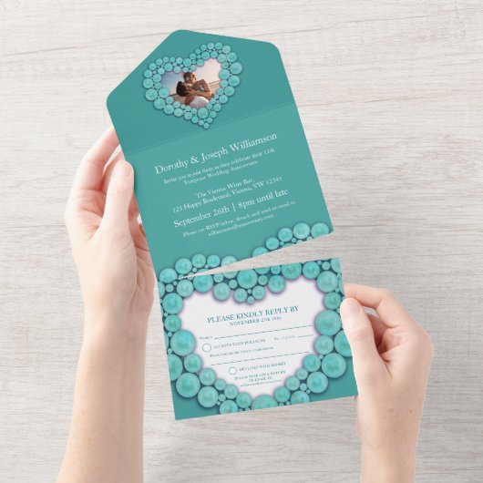 Invitation Tout En Un 11e anniversaire de mariage Turquoise photo (Déchirure)