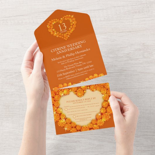 Invitation Tout En Un 13e anniversaire de mariage citrine orange (Déchirure)