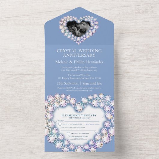 Invitation Tout En Un 15e cristal mariage anniversaire photo bleu clair (À l'intérieur)