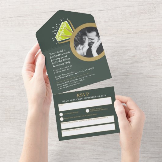Invitation Tout En Un 1er anniversaire mariage fête verte pardot ring  (Déchirure)