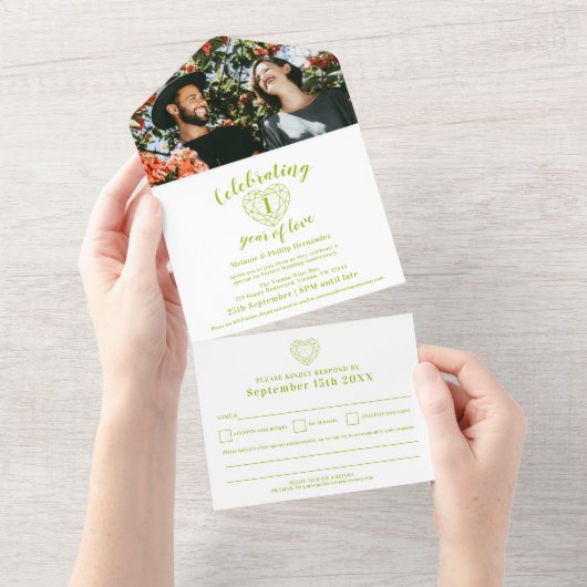 Invitation Tout En Un 1ère photo d'anniversaire du mariage avec RSVP (Déchirure)