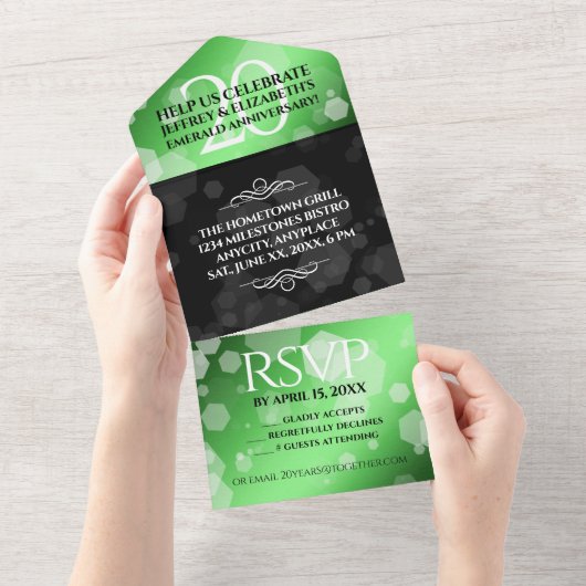 Invitation Tout En Un 20ème anniversaire de mariage émeraude élégant (Déchirure)