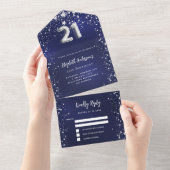 Invitation Tout En Un 21e anniversaire marine bleu argent étoiles rsvp (Déchirure)