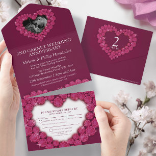 Invitation Tout En Un 2e anniversaire mariage photo coeur grenat rouge