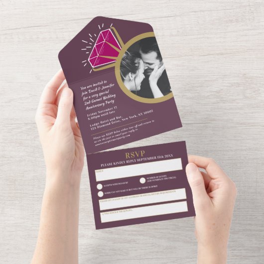 Invitation Tout En Un 2ème anniversaire de mariage grenat fête alliance  (Déchirure)