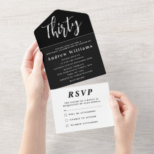 Invitation Tout En Un 30e fête d'anniversaire Noir Blanc Simple Moderne
