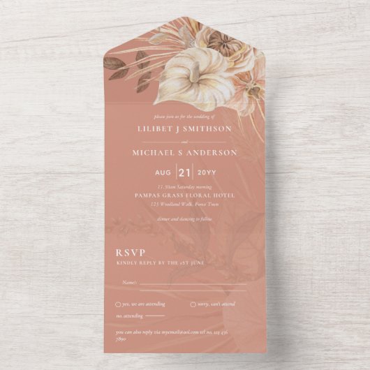 Invitation Tout En Un 3in1 BOHO Pampas Grass Terracotta Wedding RSVP (À l'intérieur)