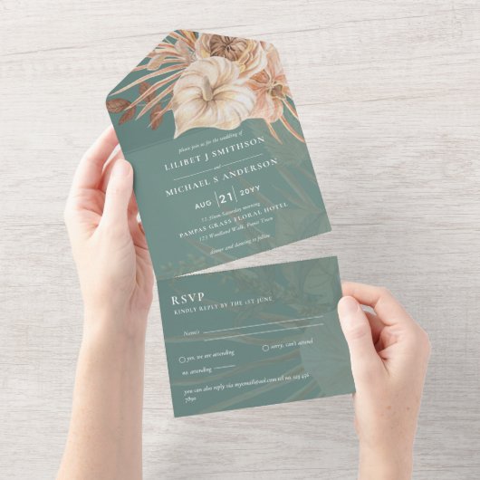 Invitation Tout En Un 3in1 BOHO Pampas Grass Terracotta Wedding RSVP (Déchirure)