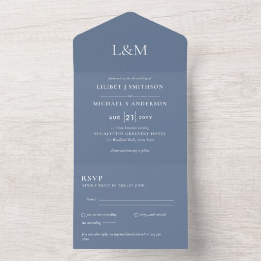 Invitation Tout En Un 3in1 Dusty Blue Blanc Texte uniquement Mariage Inv (À l'intérieur)