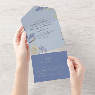 Invitation Tout En Un 3in1 Dusty Blue Gold Boho Plumes mariage RSVP