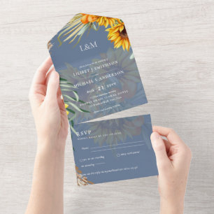 Invitation Tout En Un 3in1 Monogramme Tournesols Pampas Mariage en herbe