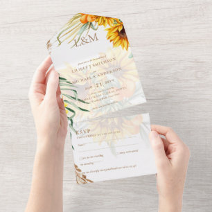 Invitation Tout En Un 3in1 Monogramme Tournesols Pampas Mariage en herbe
