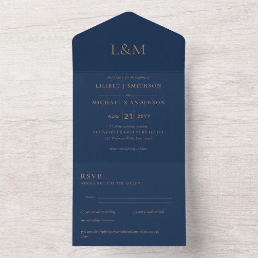 Invitation Tout En Un 3in1 Navy Blue Gold Texte uniquement Mariage Invit (À l'intérieur)