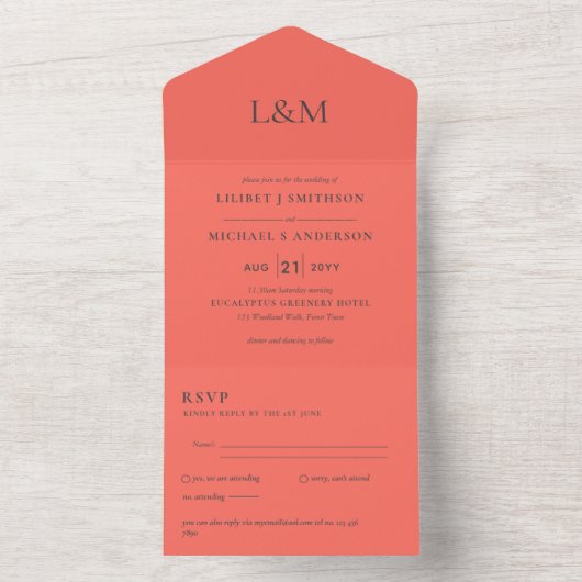 Invitation Tout En Un 3in1 Peachy Coral Texte Mariage seulement Inviter (À l'intérieur)