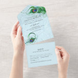 Invitation Tout En Un 3in1 Peacock Blue Green Feather Wedding RSVP All I<br><div class="desc">Cette merveilleuse papeterie mariage élégante et moderne offre 3 en 1! Une invitation, RSVP et NO enveloppe requise car cela se plie dans un formulaire que vous pouvez pop dans le poste tel quel. Le design présenté ici est celui d'une plume Peacock bleu vert. Il est parfait pour un bois...</div>