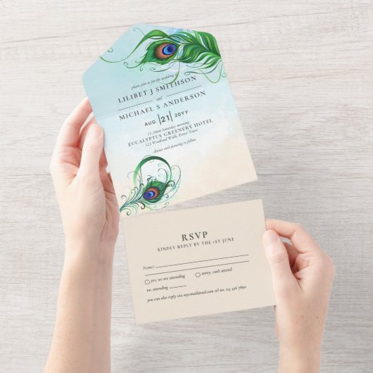 Invitation Tout En Un 3in1 Peacock Feather Aqua Coral Wedding RSVP (Déchirure)