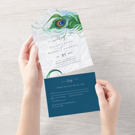 Invitation Tout En Un 3in1 Peacock Feather Blue Green Wedding RSVP (Déchirure)
