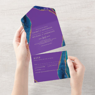 Invitation Tout En Un 3in1 Purple Blue Gold AGATE Mariage RSVP Al