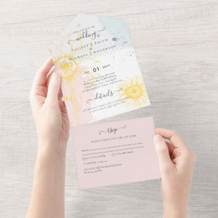 Invitation Tout En Un 3in1 Tournesol moderne Dusty Rose Bleu Mariage RSV