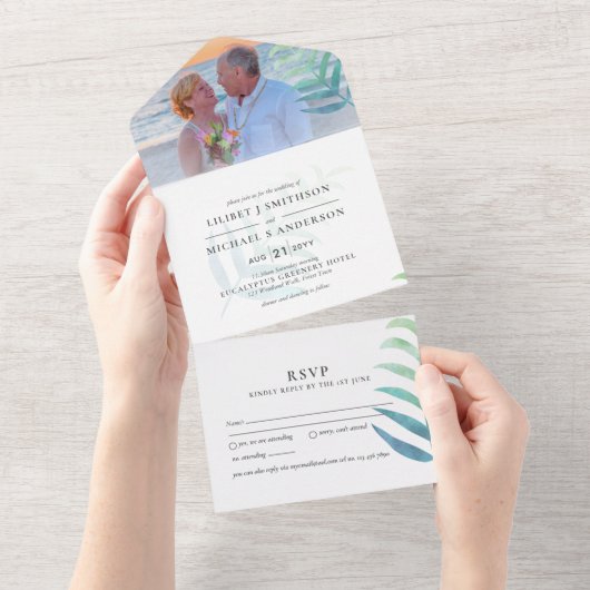 Invitation Tout En Un 3in1 Tropical Palm Beach PHOTO Mariage Budget RSVP (Déchirure)