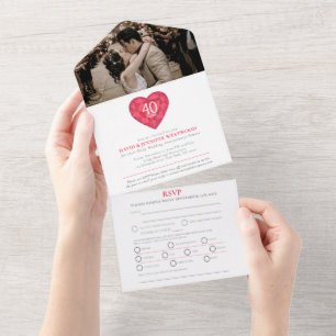 Invitation Tout En Un 40e anniversaire de mariage Rubis cœur rouge RSVP 