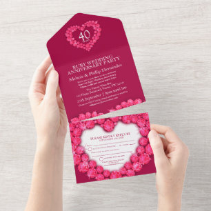 Invitation Tout En Un 40e anniversaire de mariage rubis enveloppe cœur