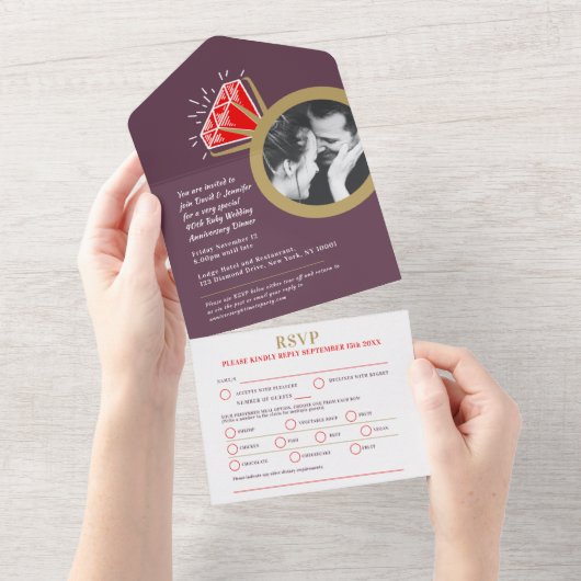 Invitation Tout En Un 40e anniversaire du mariage Ruby repas bague RSVP  (Déchirure)