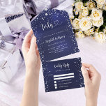 Invitation Tout En Un 40e anniversaire marine bleu argent étoiles rsvp<br><div class="desc">Arrière - plan bleu marine,  décoré d'étoiles. La couleur bleue est inégale. Personnalisez et ajoutez le nom,  les détails du parti,  la date RSVP,  l'adresse et le nom de retour. Le numéro 40 est écrit avec un coeur.</div>