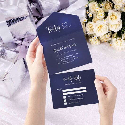 Invitation Tout En Un 40e anniversaire marine bleu argent rsvp