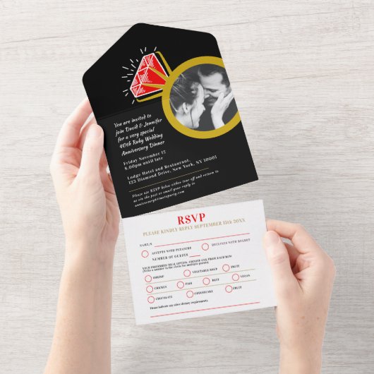Invitation Tout En Un 40e repas d'anniversaire du mariage Ruby RSVP phot (Déchirure)