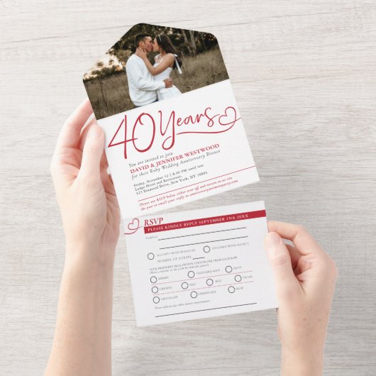 Invitation Tout En Un 40th Ruby wedding anniversary red meal RSVP photo (Déchirure)