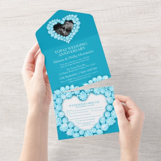 Invitation Tout En Un 4ème anniversaire de mariage topaze photo bleu (Déchirure)