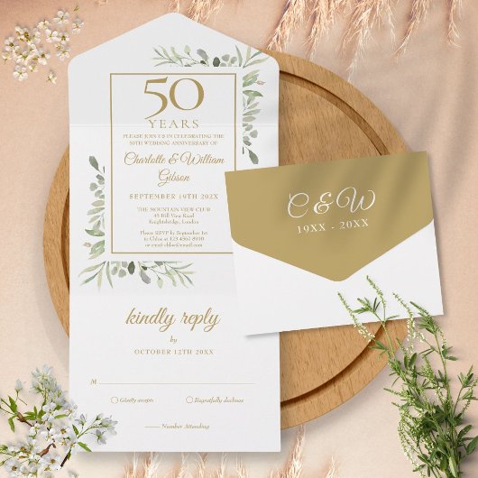 Invitation Tout En Un 50e Anniversaire de Mariage Monogramme de Verdure 