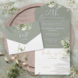 Invitation Tout En Un 50e anniversaire de mariage Vert Sauge Floral