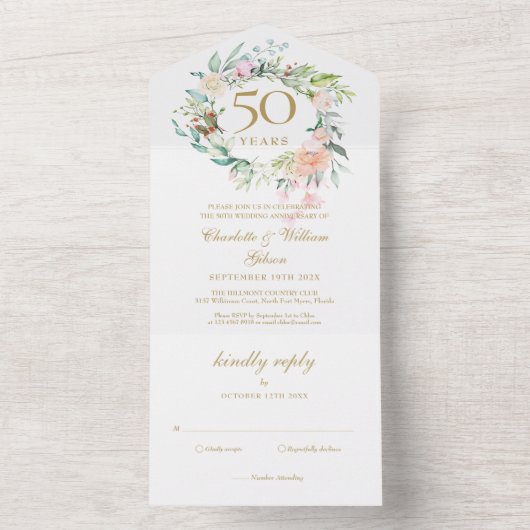 Invitation Tout En Un 50e anniversaire Mariage d'or Monogramme Floral (À l'intérieur)
