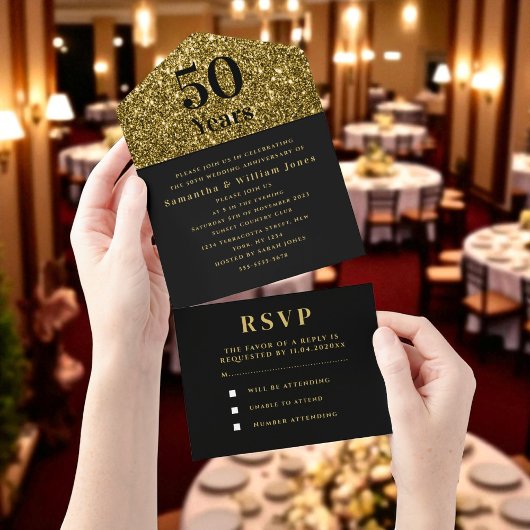 Invitation Tout En Un 50e anniversaire Mariage or noir moderne