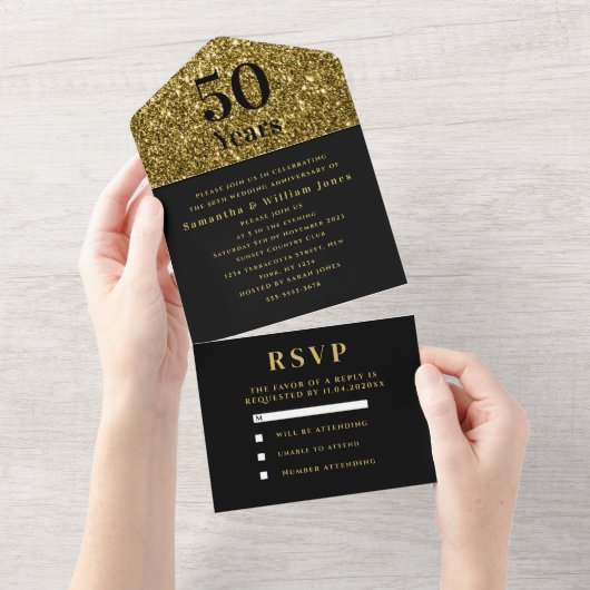 Invitation Tout En Un 50e anniversaire Mariage or noir moderne (Déchirure)