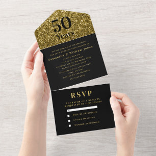 Invitation Tout En Un 50e anniversaire Mariage or noir moderne