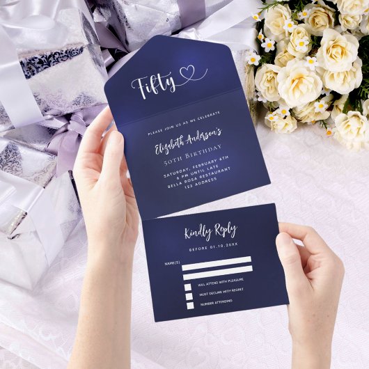 Invitation Tout En Un 50e anniversaire marine bleu argent rsvp