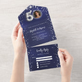 Invitation Tout En Un 50e anniversaire marine bleu photo argent étoiles  (Déchirure)