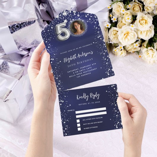 Invitation Tout En Un 50e anniversaire marine bleu photo argent étoiles