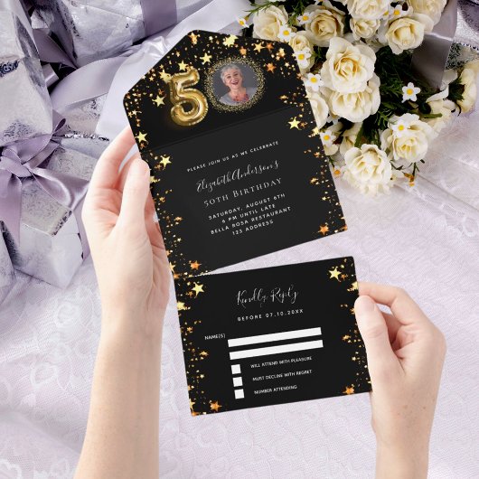 Invitation Tout En Un 50e anniversaire noir étoiles or photo rsvp