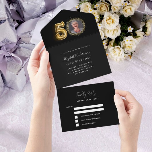 Invitation Tout En Un 50e anniversaire noir or photo rsvp