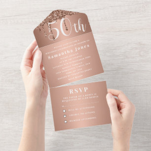 Invitation Tout En Un 50e anniversaire Rose de fête Gold Bold RSVP Moder